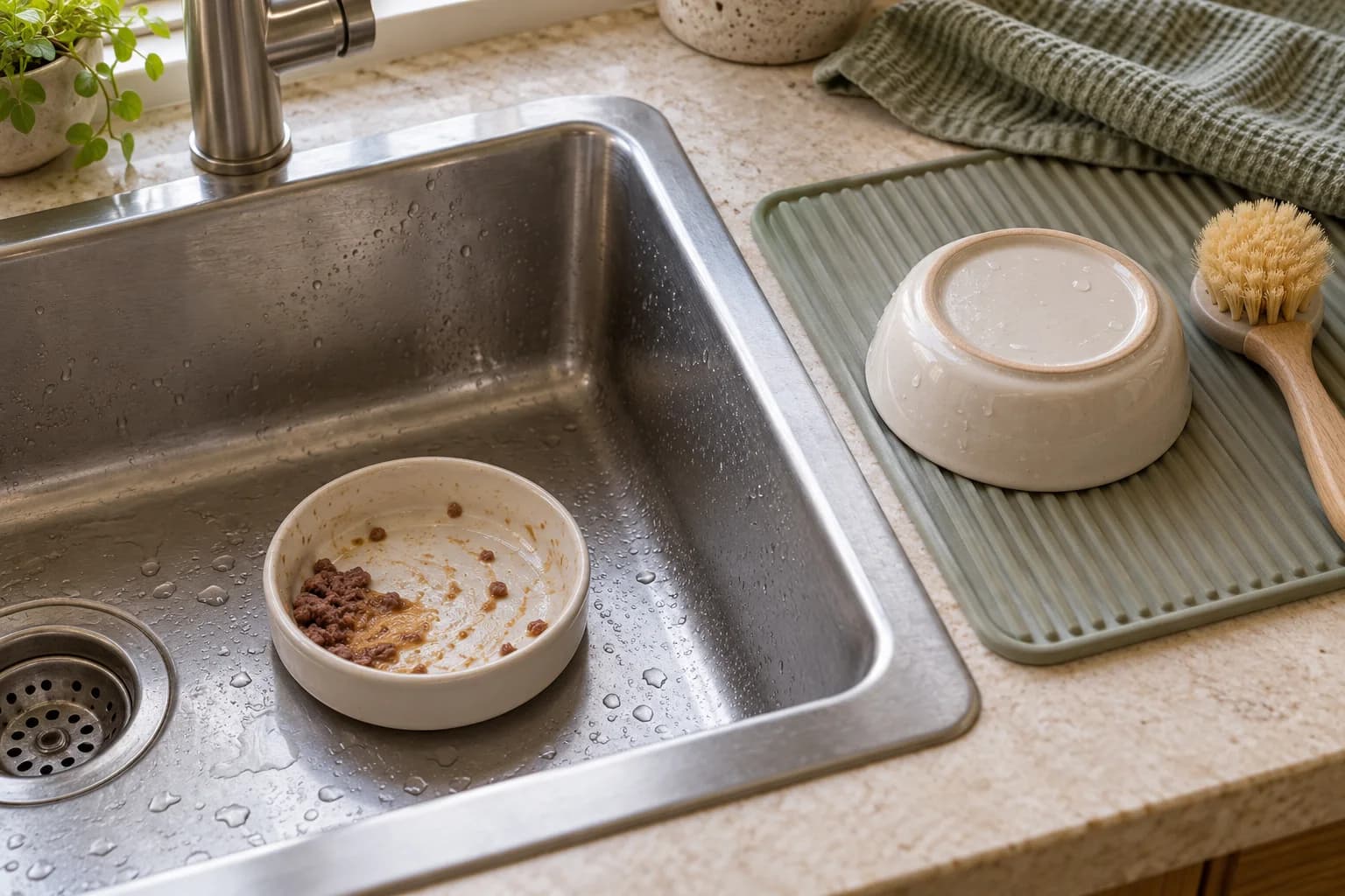 AI-generated editorial scene: a used cat bowl in a sink and a separate washed bowl drying on a mat. Not a hygiene test.