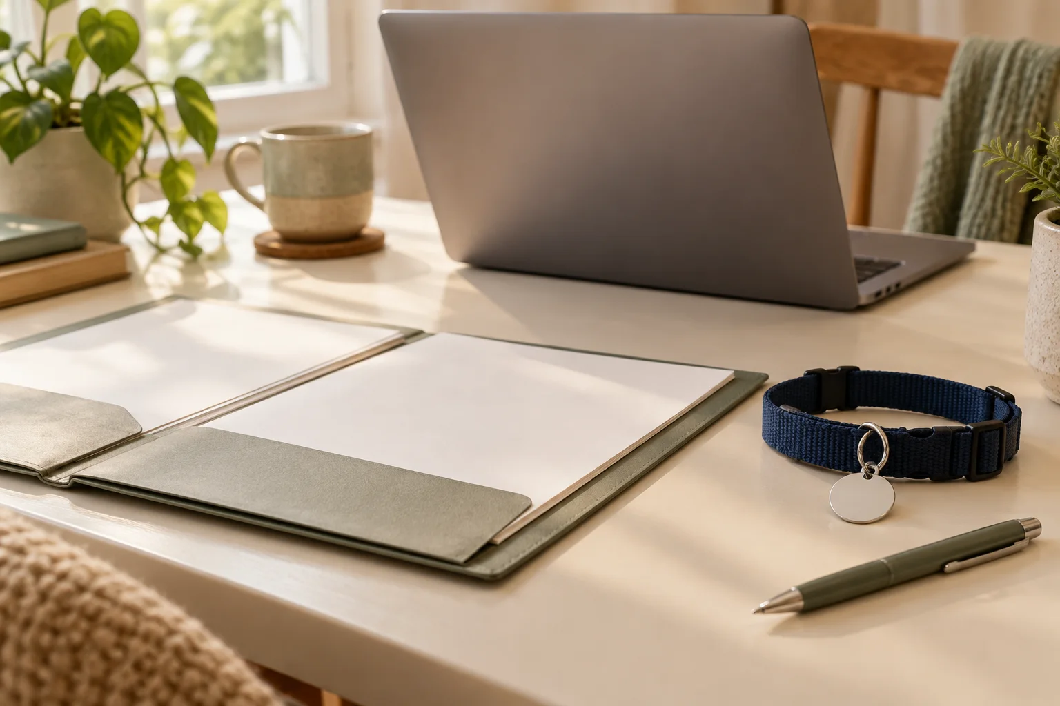 AI-generated editorial scene: a laptop, blank registration papers and collar on a desk. No actual registry or personal information is shown.