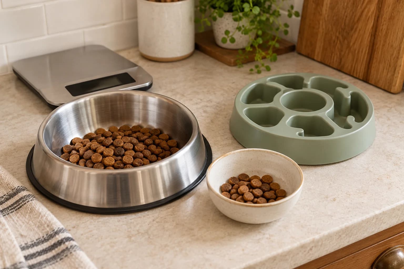 AI-generated editorial scene: the same dry food is divided between a meal bowl and a smaller allocation dish beside an empty puzzle.