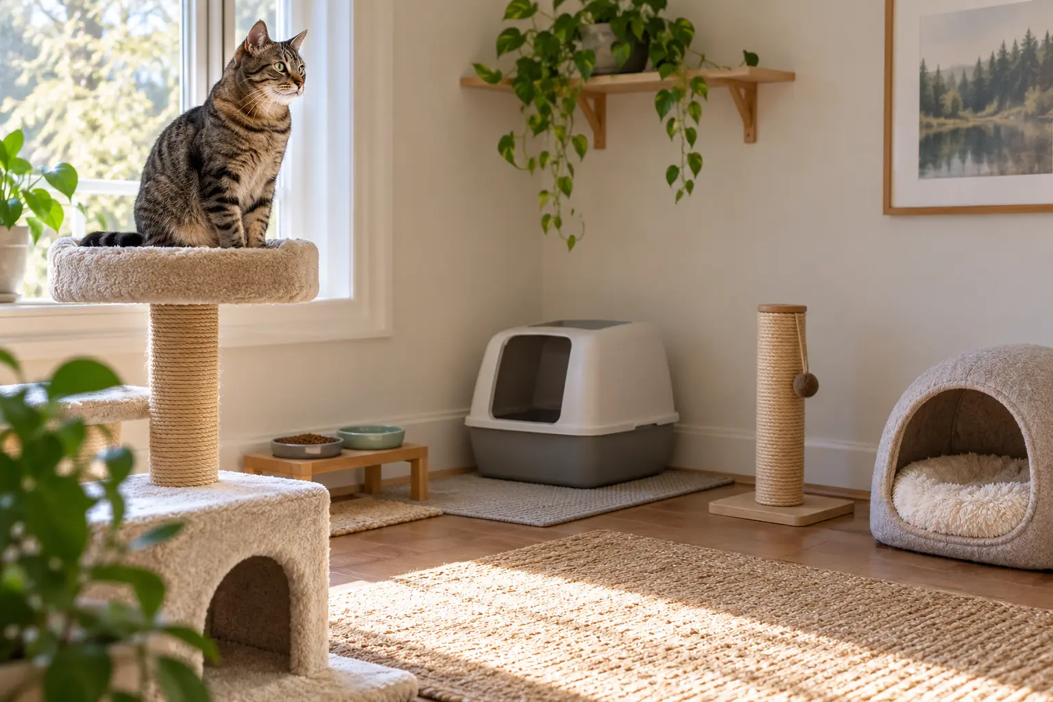 AI-generated editorial scene: two relaxed cats observe one another through a secure interior barrier with separate household resources visible.