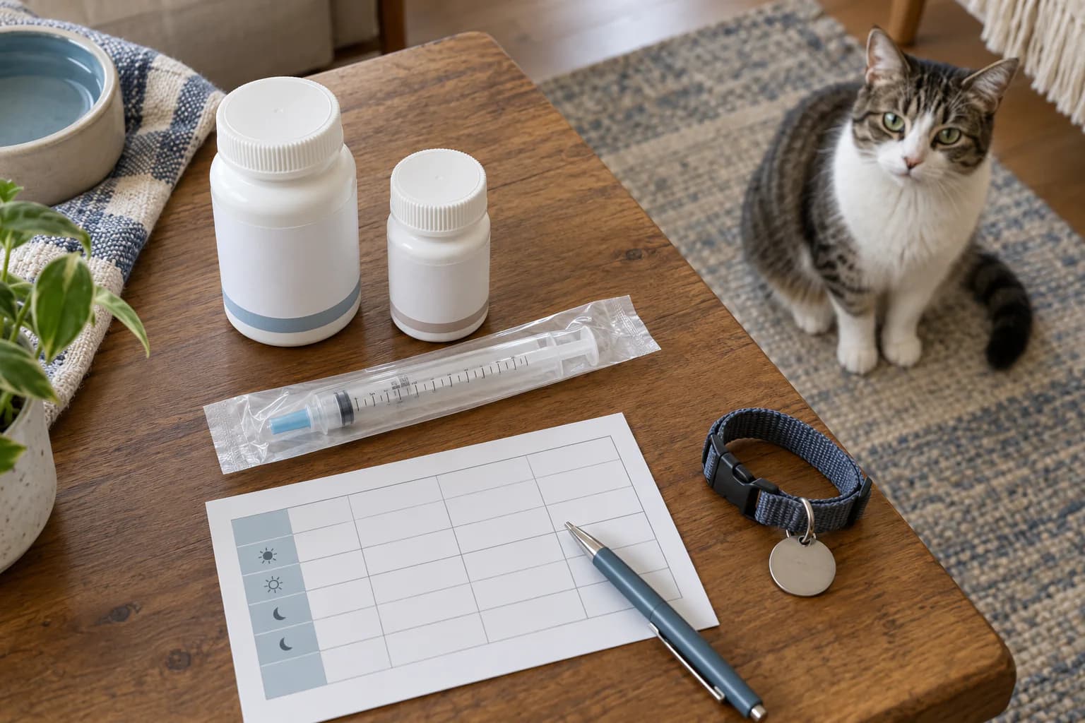 AI-generated editorial scene: capped blank-labeled veterinary containers, a packaged measuring device and blank administration grid remain separate from a calm cat.