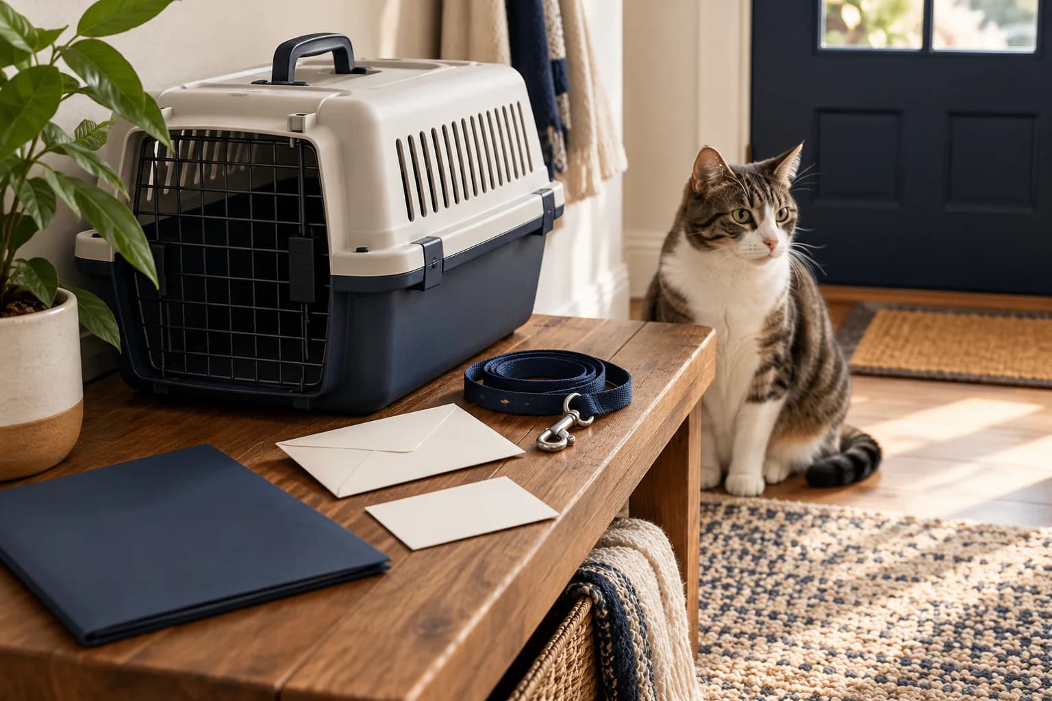 AI-generated editorial scene: a carrier, leash, sealed key envelope, blank contact card and folder wait beside a calm cat.