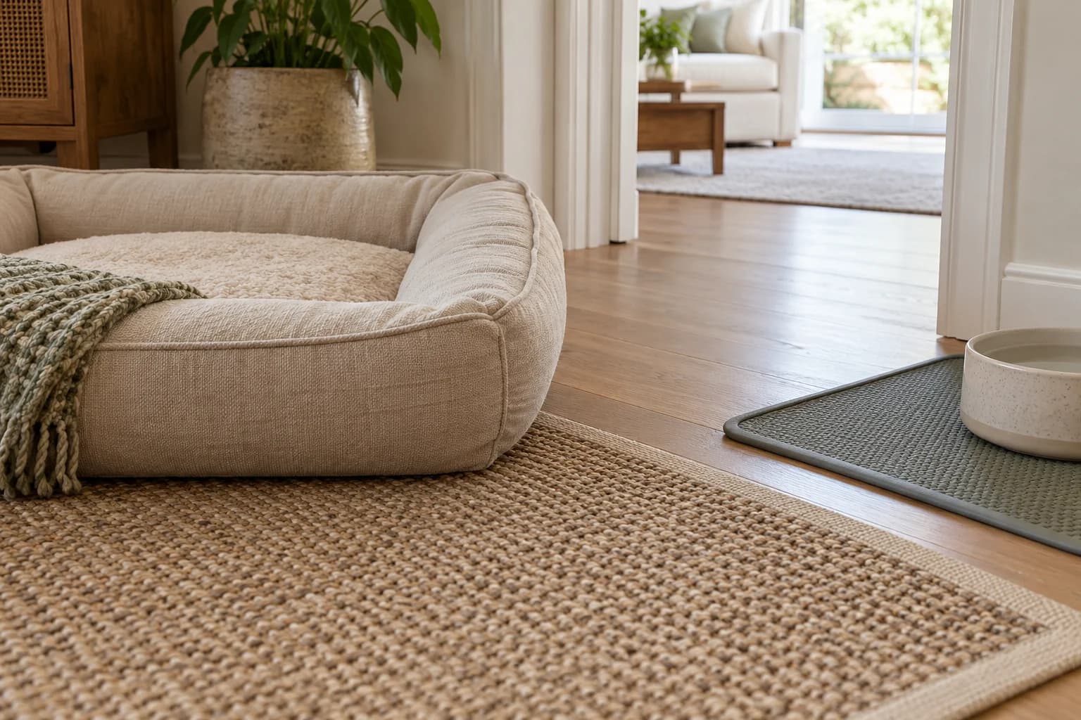 AI-generated editorial scene: a padded bed and a water-bowl mat are separated by exposed floor in a home corner.
