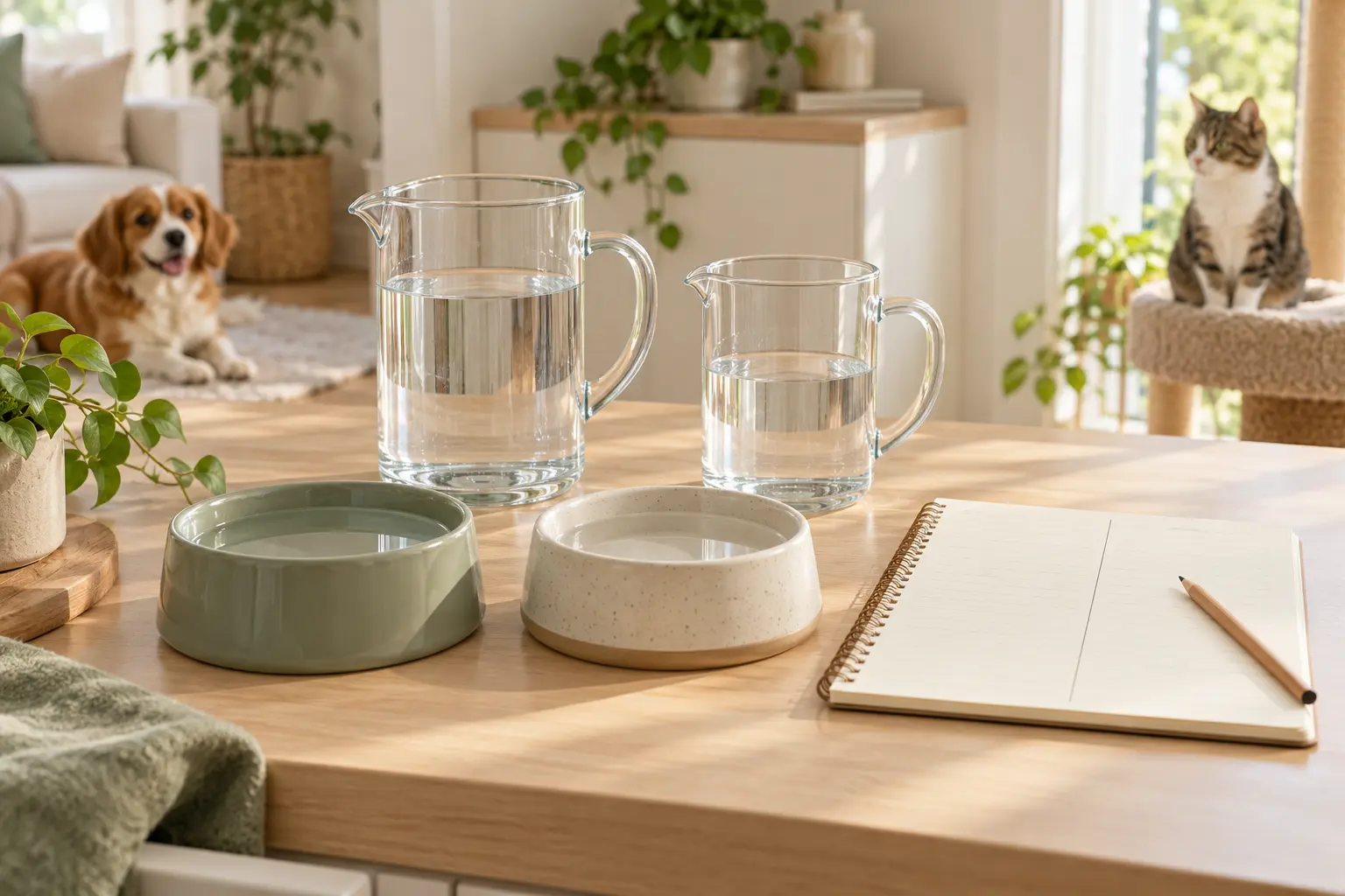 AI-generated editorial scene: two water pitchers, two pet bowls and a blank divided notebook, with a dog and cat in separate background areas.