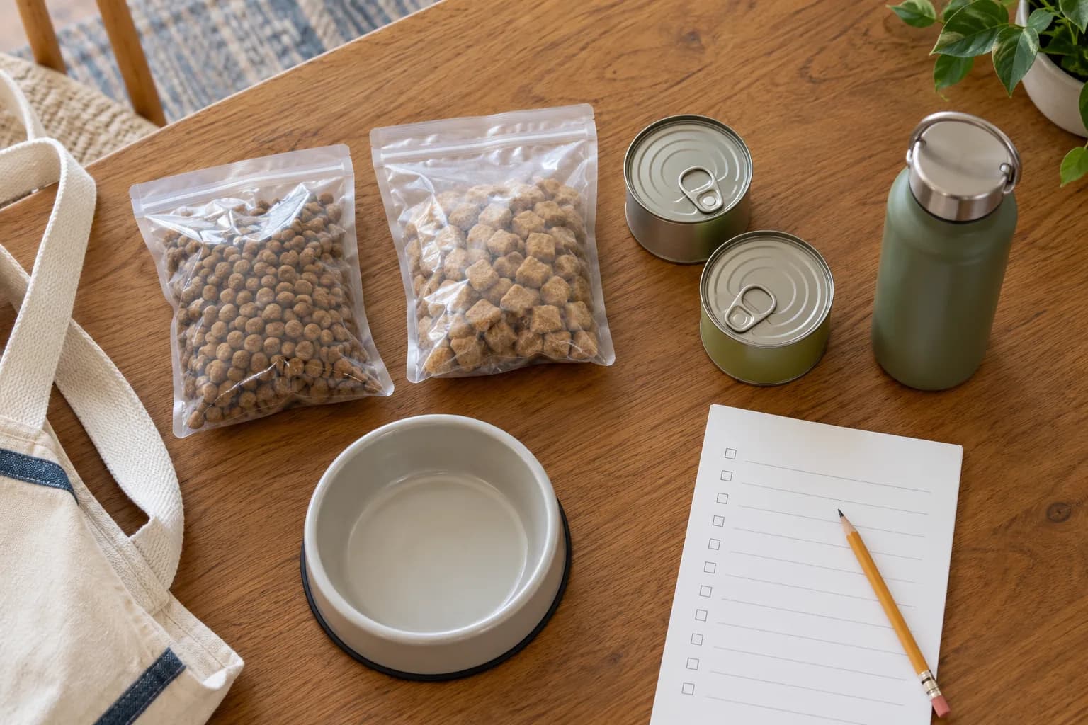 AI-generated editorial scene: closed food pouches, cans, a water bottle and a bowl beside a blank checklist. Not a complete emergency kit.