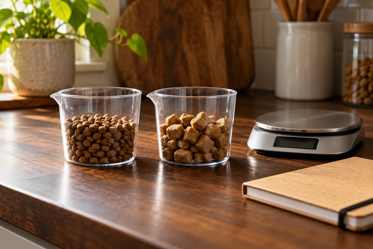 AI-generated editorial scene: two transparent cups containing different kibble shapes beside a scale and notebook. No exact quantity is demonstrated.