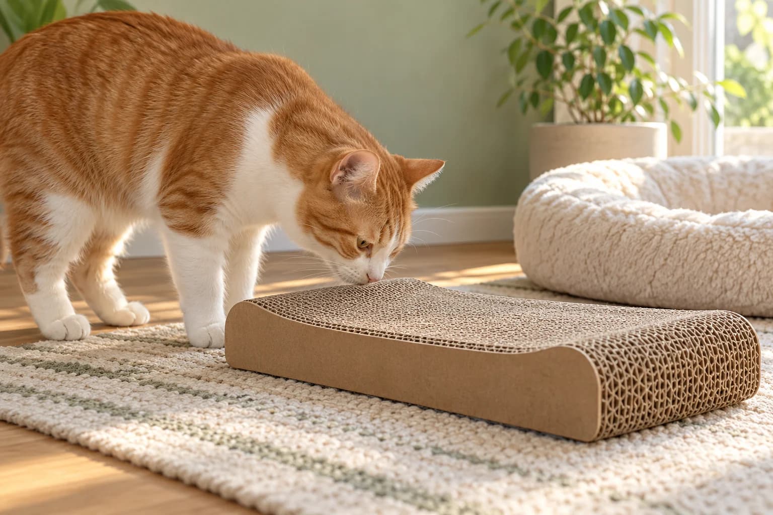AI-generated editorial scene: an orange-and-white cat investigates a horizontal cardboard scratcher near a resting cushion.