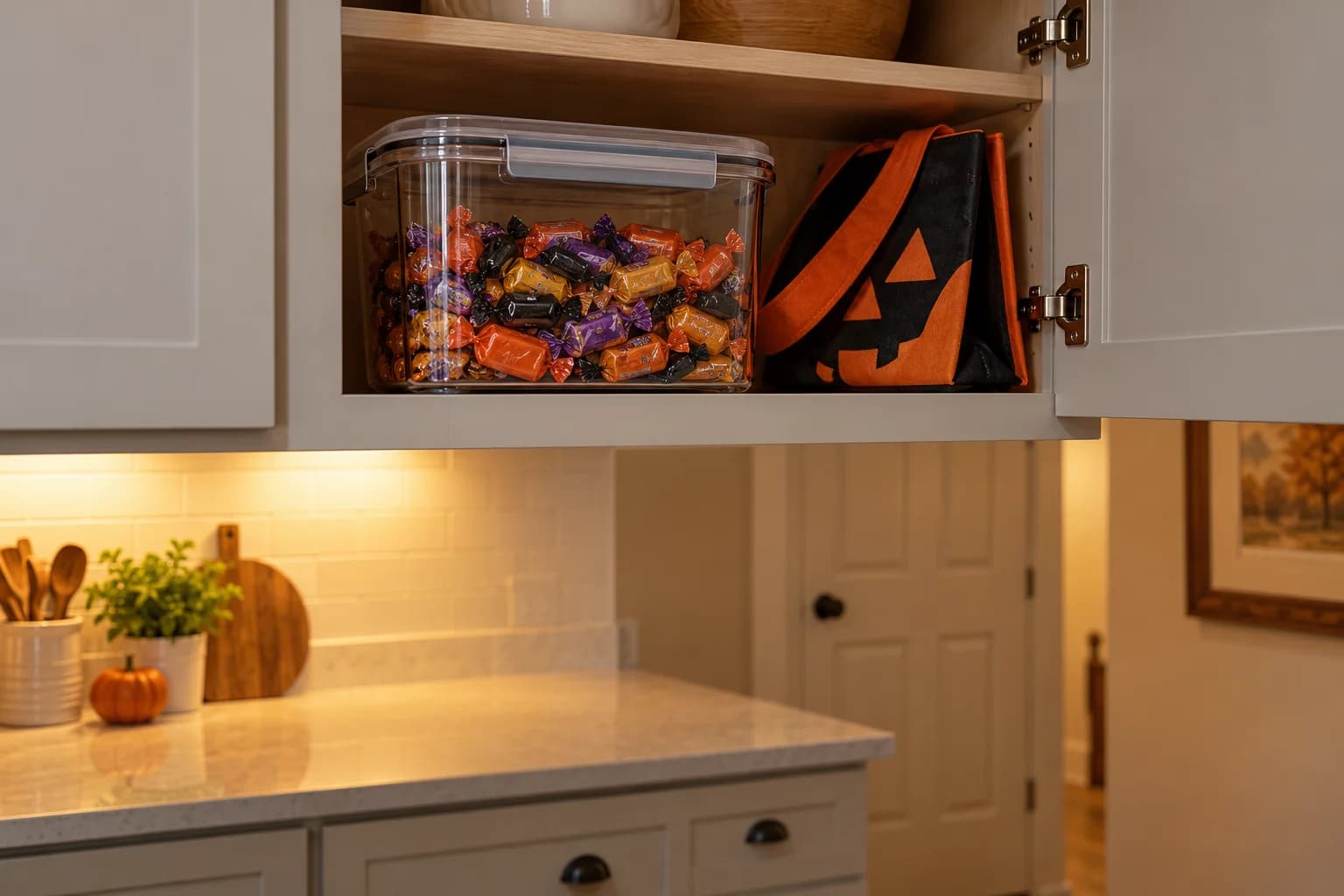 AI-generated editorial scene: wrapped sweets in a closed container and a folded trick-or-treat bag sit inside a high cupboard opened for visibility.