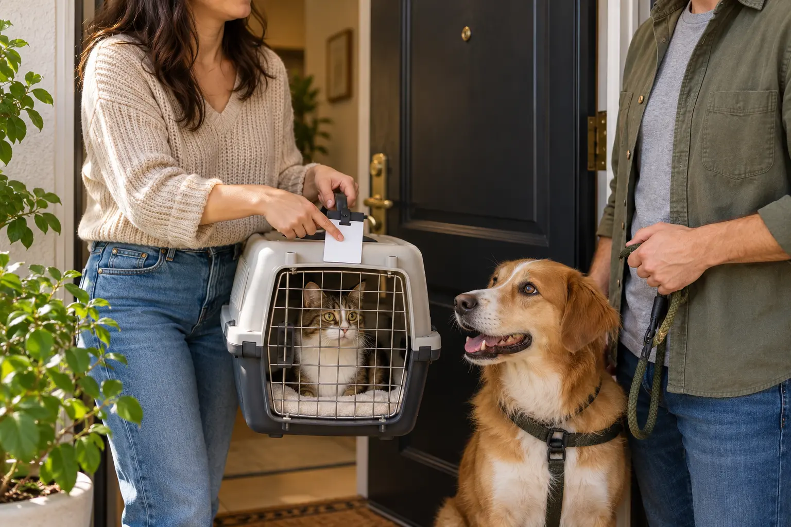 AI-generated editorial scene: a neighbor receives a closed pet-information envelope beside a secured carrier and go-bag.