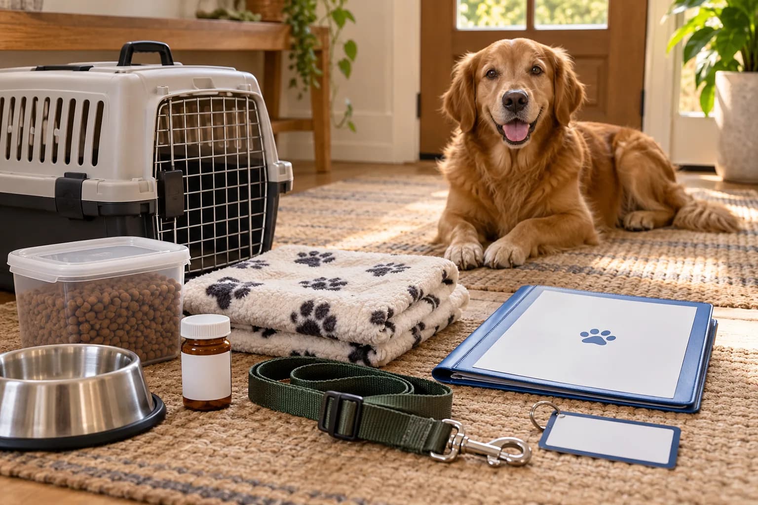 AI-generated editorial scene: a calm cat approaches an open carrier near labeled-looking but unreadable meal containers and a blank handoff card.
