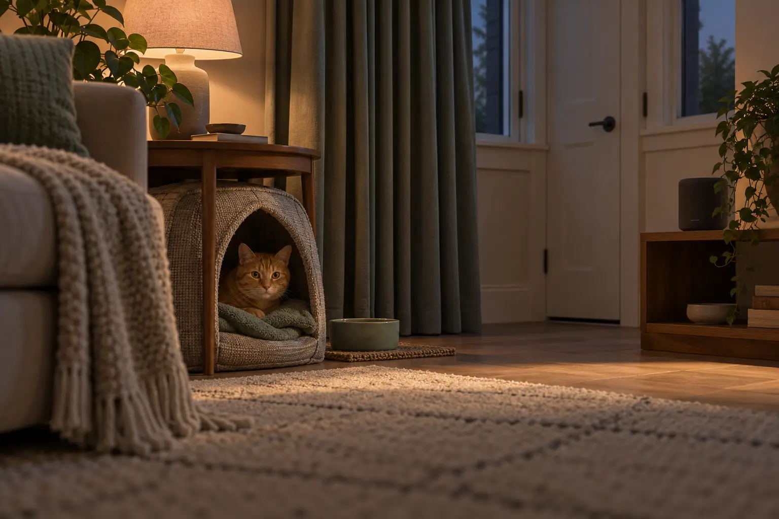 AI-generated editorial scene: a ginger cat choosing a covered bed in a secure room with closed curtains, water and a small speaker.