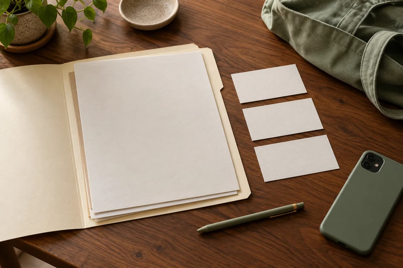 AI-generated editorial scene: blank note cards, a document folder and phone beside a clinic-visit tote. No clinical record is shown.