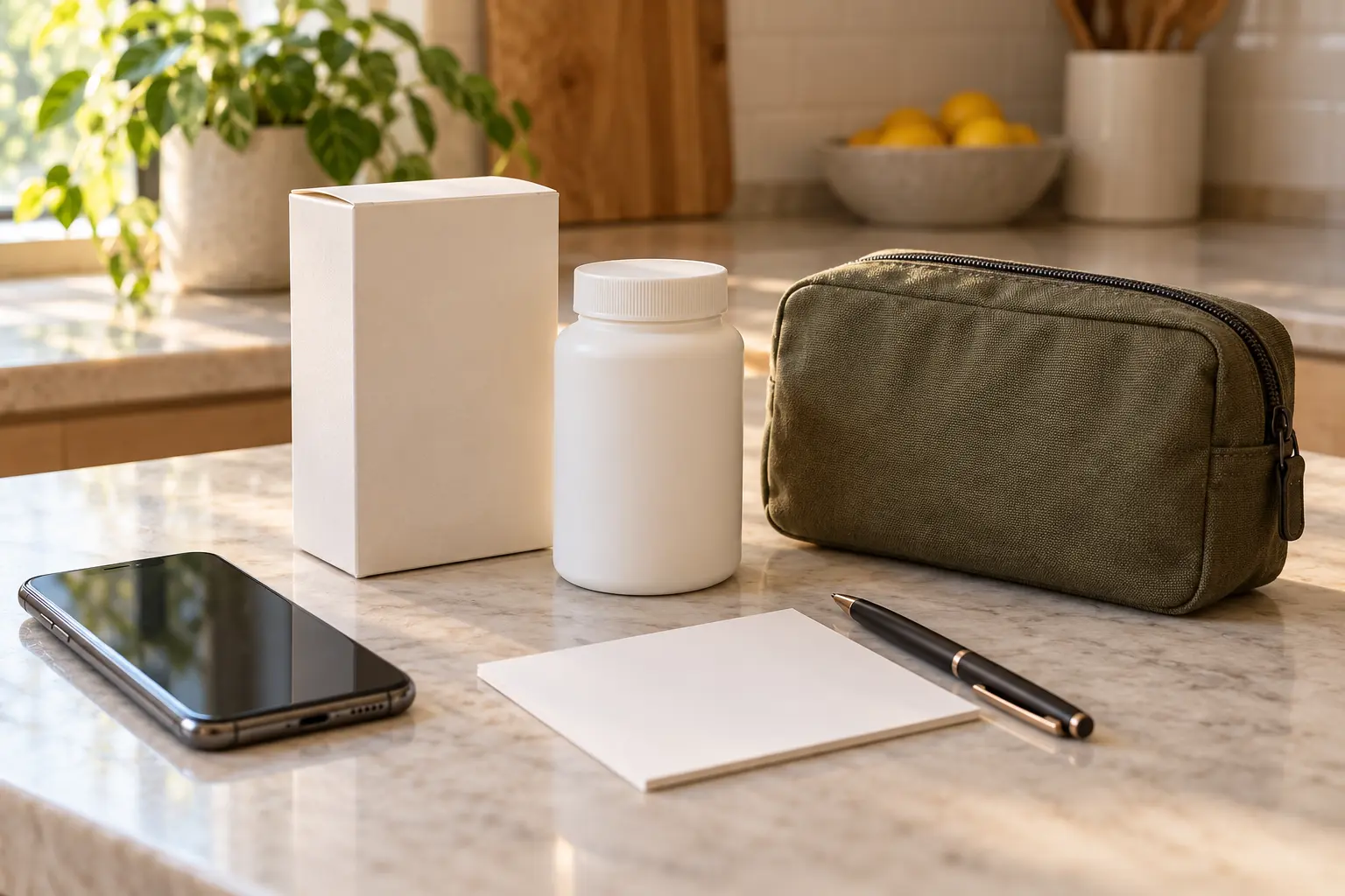 AI-generated editorial scene: a plain carton, closed container, zip pouch, blank card and phone are arranged for an urgent information call.