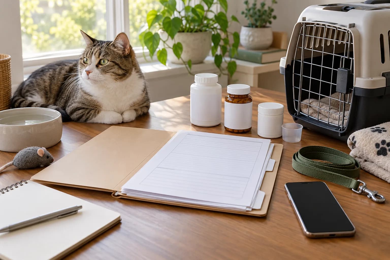 AI-generated editorial scene: blank record sleeves, imaging disc case and medication list are arranged beside a carrier.