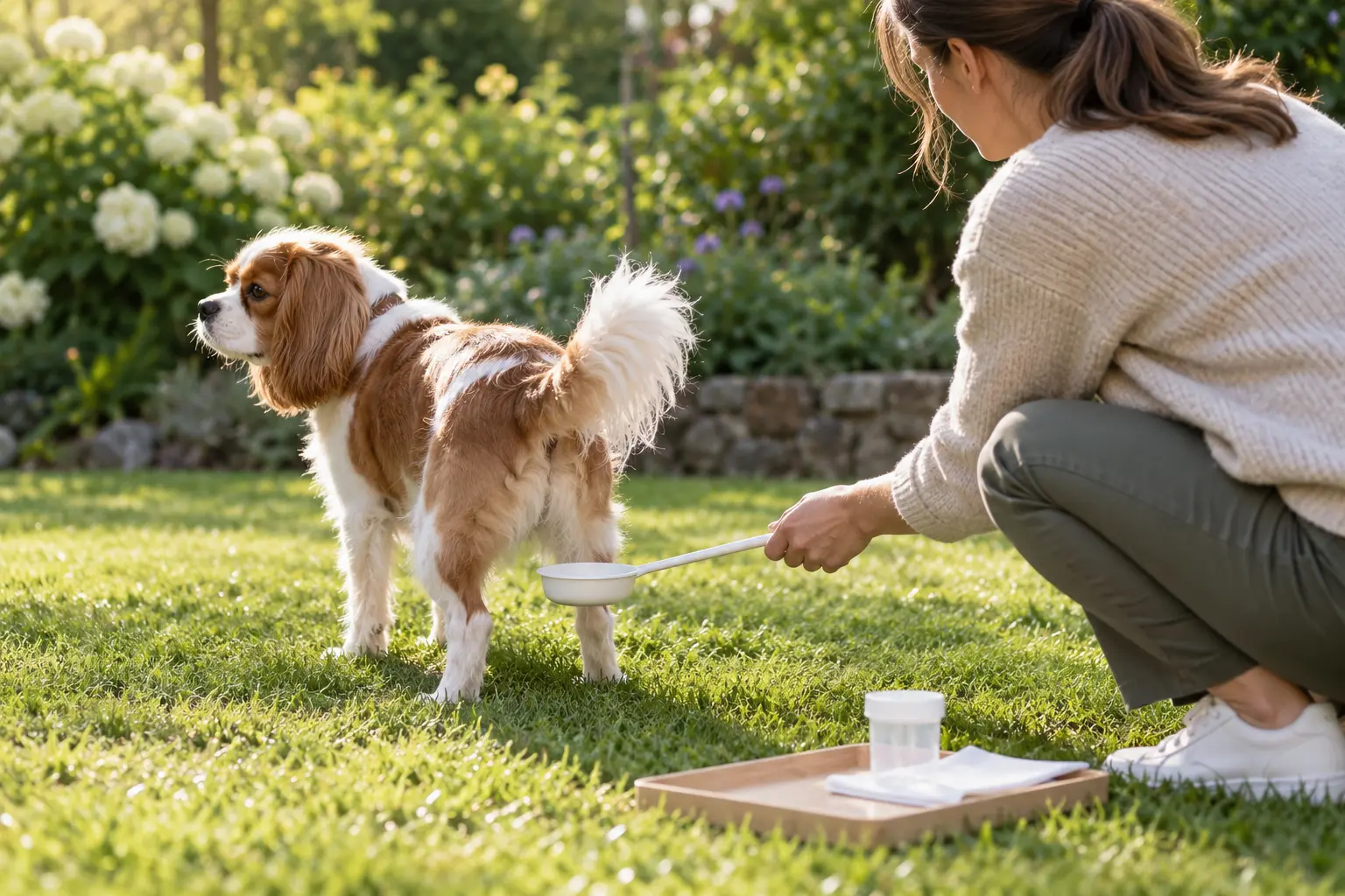 AI-generated editorial scene: an owner discreetly holding a clean long-handled ladle during a dog's natural urination in a private garden, with a separate empty sample cup nearby.