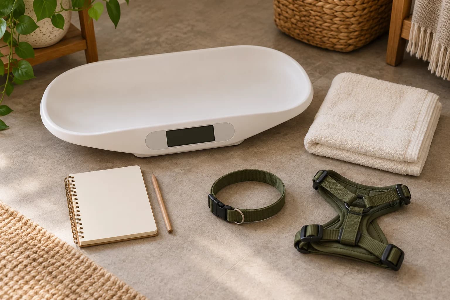 AI-generated editorial scene: an empty pet scale, removable towel, collar, harness and blank notebook lie separately on a level floor.
