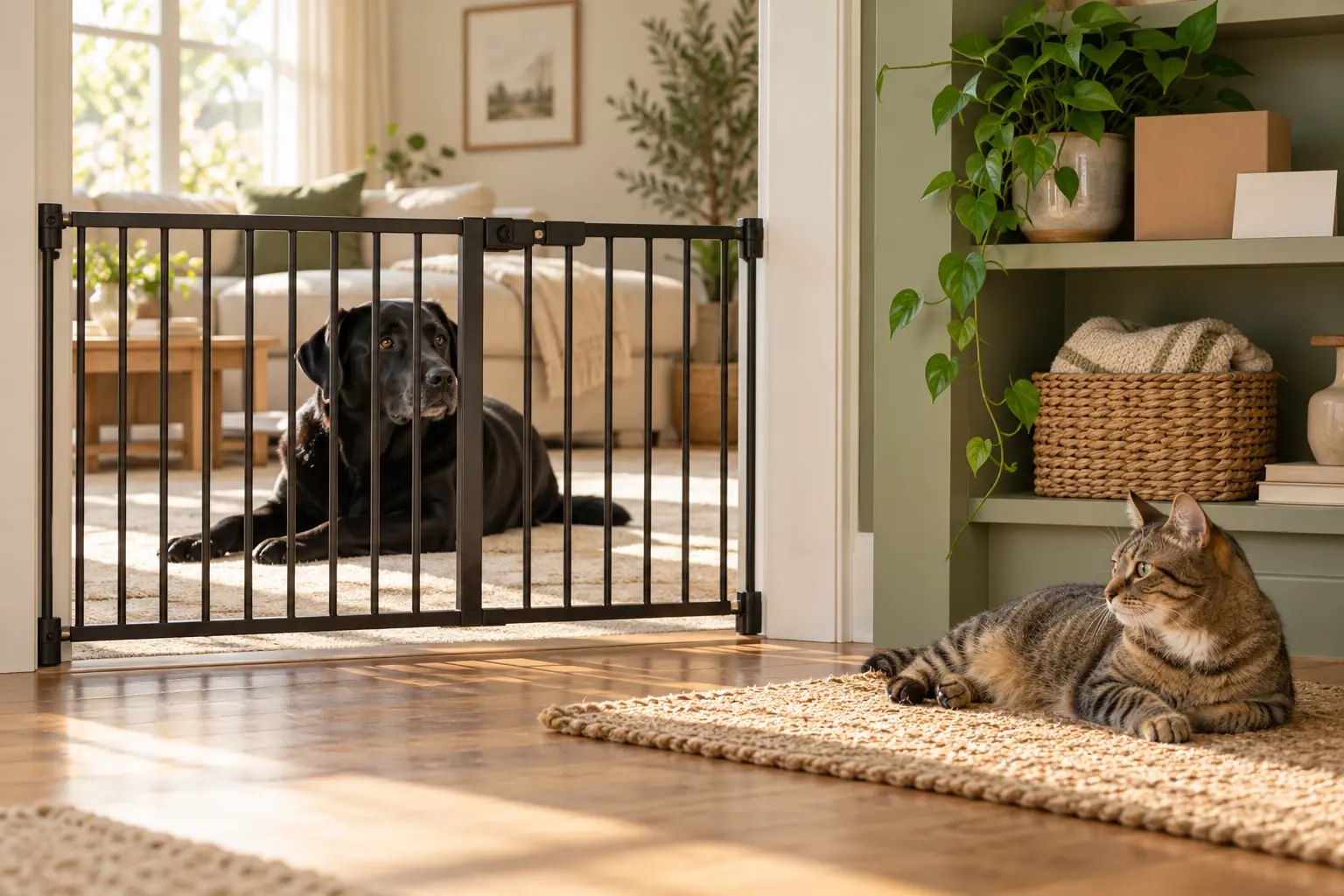 AI-generated editorial scene: a black dog and tabby cat resting in adjoining rooms separated by a secure interior gate.