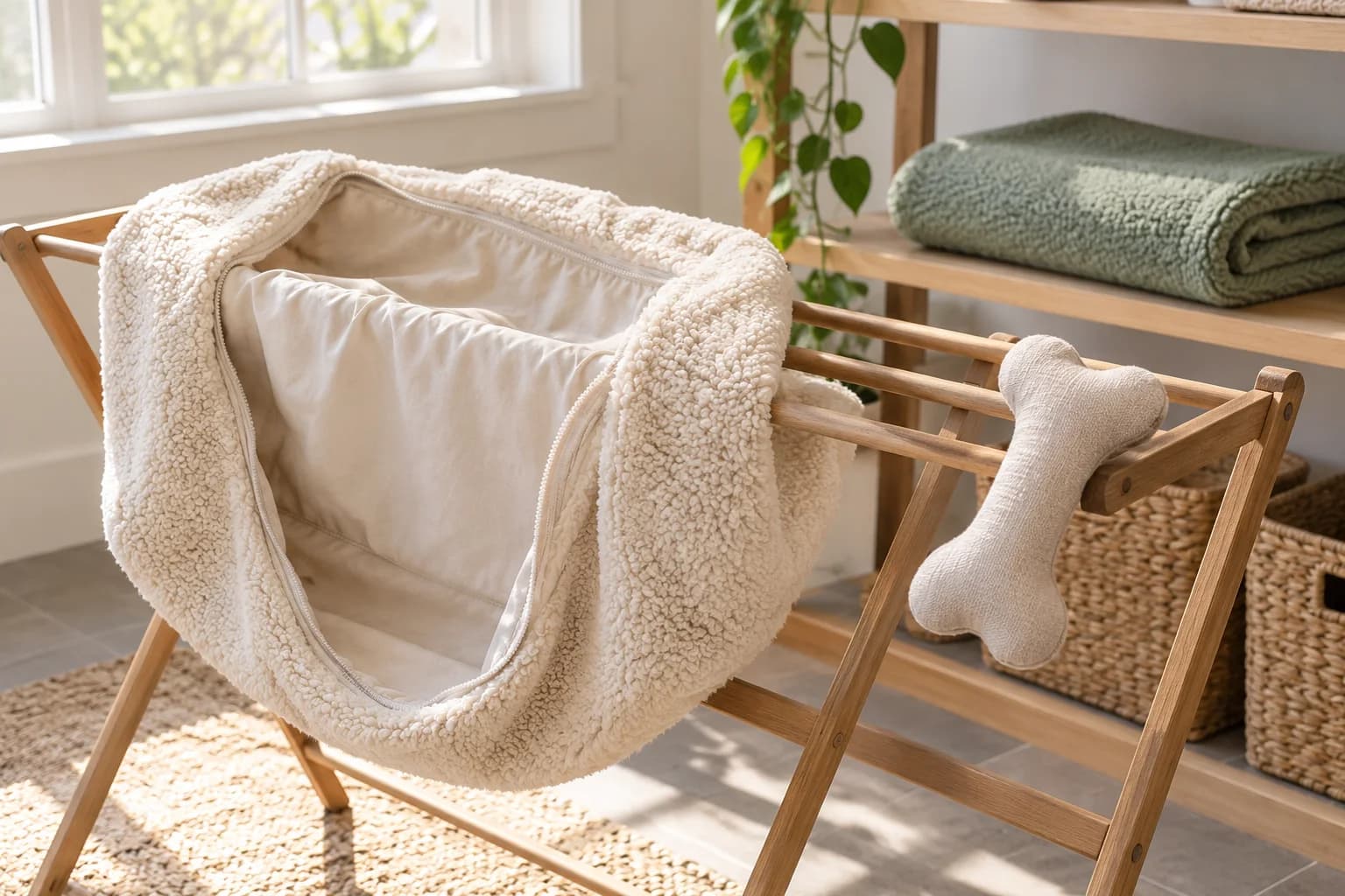 AI-generated editorial scene: a pet-bed cover and fabric toy on a drying rack, with a folded spare blanket on a separate shelf.