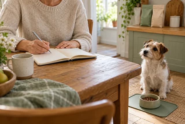 AI-generated editorial scene: An owner writes in a notebook while a small terrier sits beside its feeding mat, with two plain food bags in the background. Not a tested product or patient case.