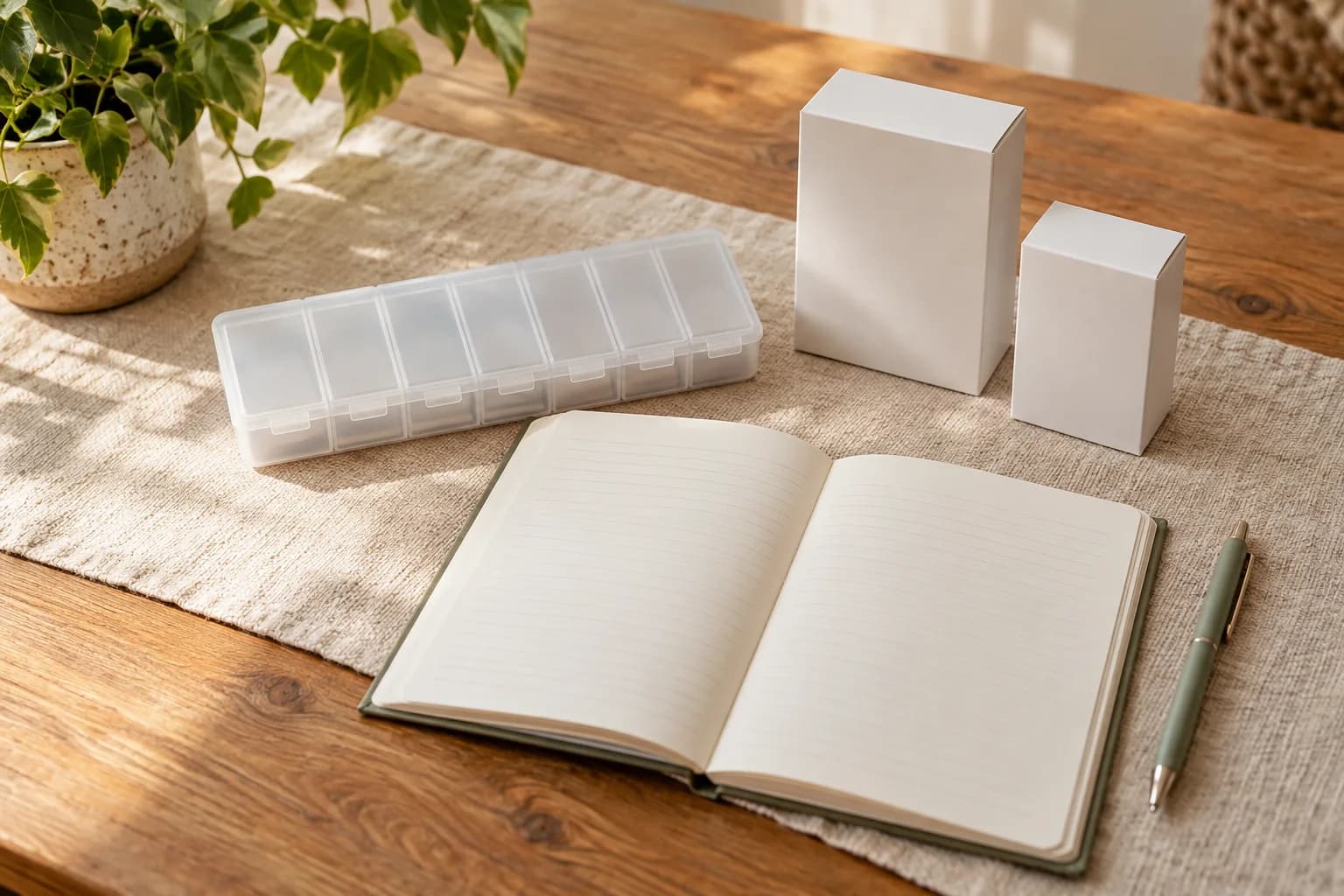 Closed medicine packaging and a blank record arranged on a table. AI-created editorial scene.