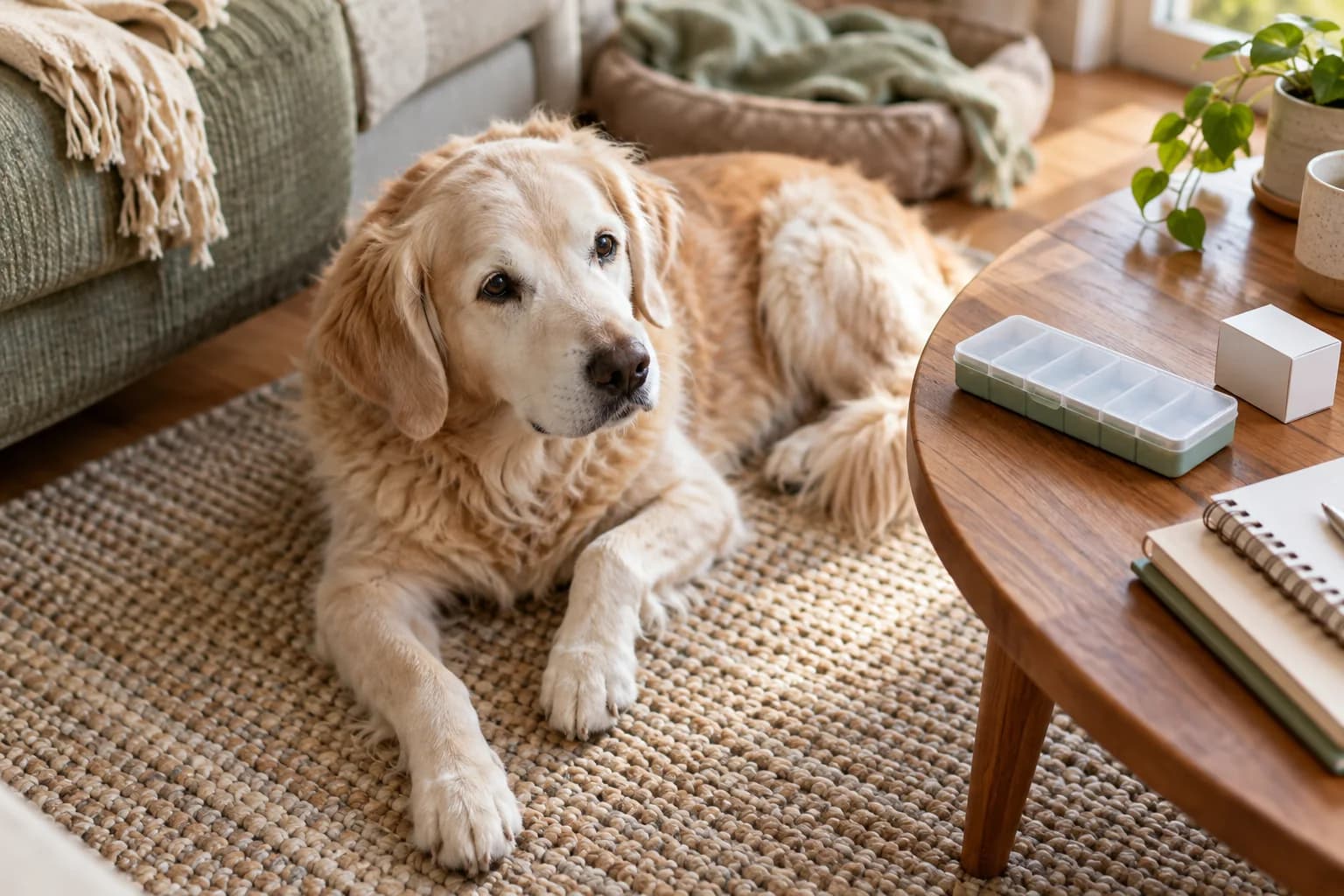 A senior cream-colored dog near closed, unmarked medicine packaging and a household record. AI-created editorial scene.
