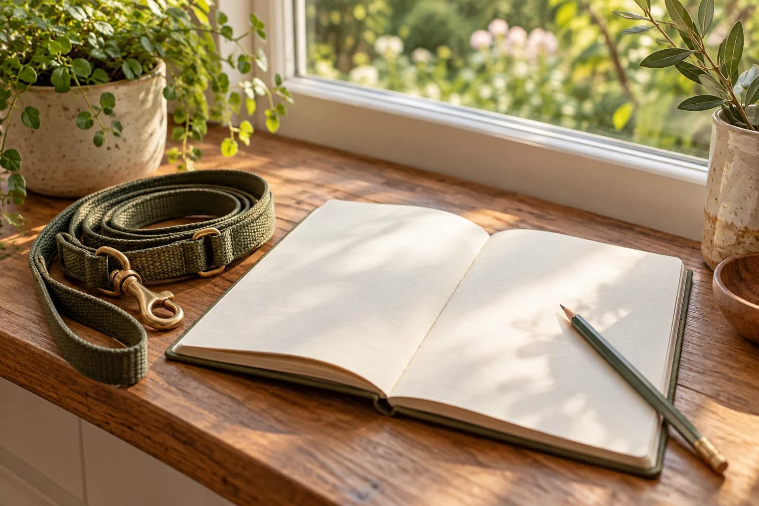 A leash and a blank photo-recording notebook beside a garden window. AI-created editorial scene.