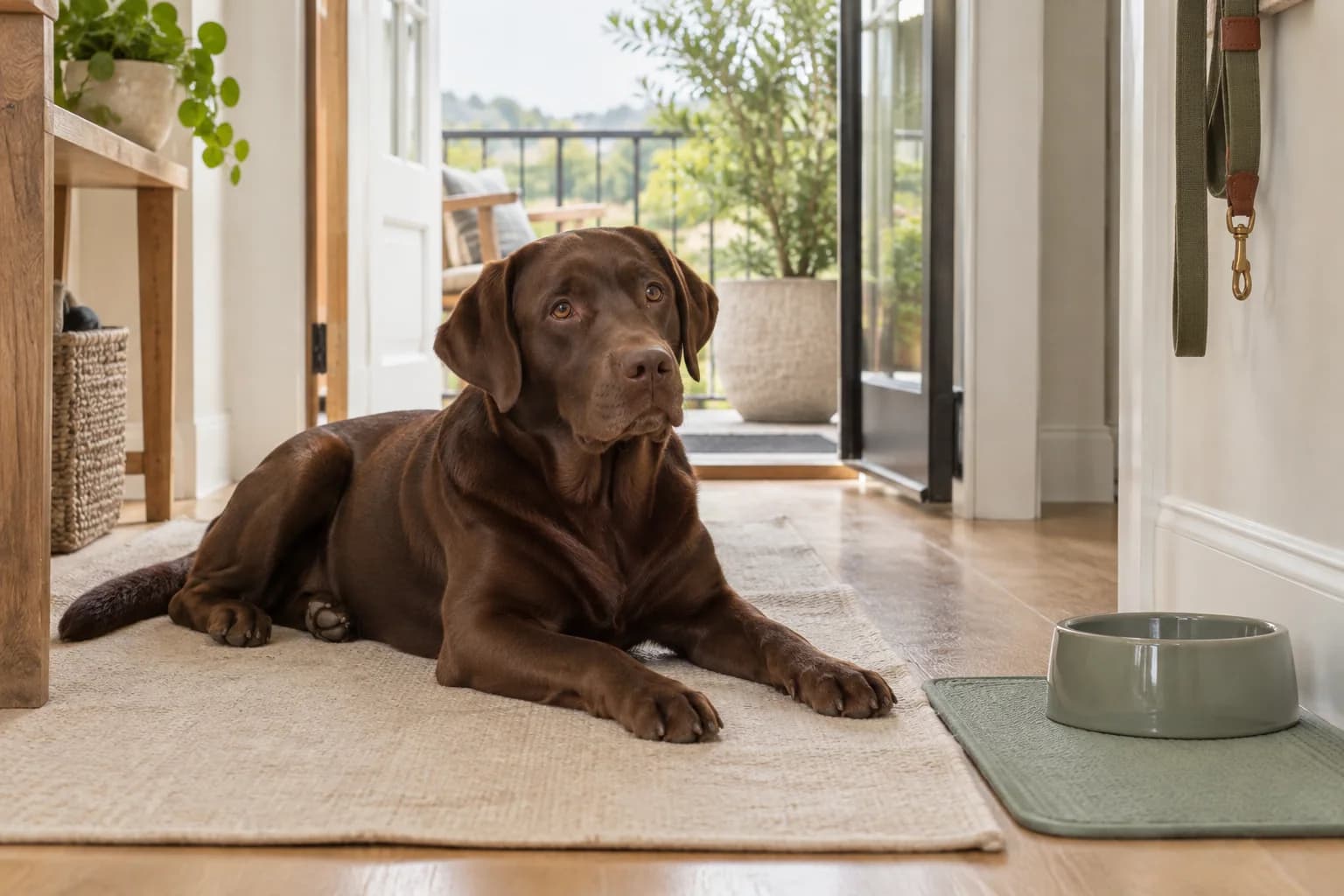 A chocolate Labrador at home with its familiar bowl and walking supplies. AI-created editorial scene.