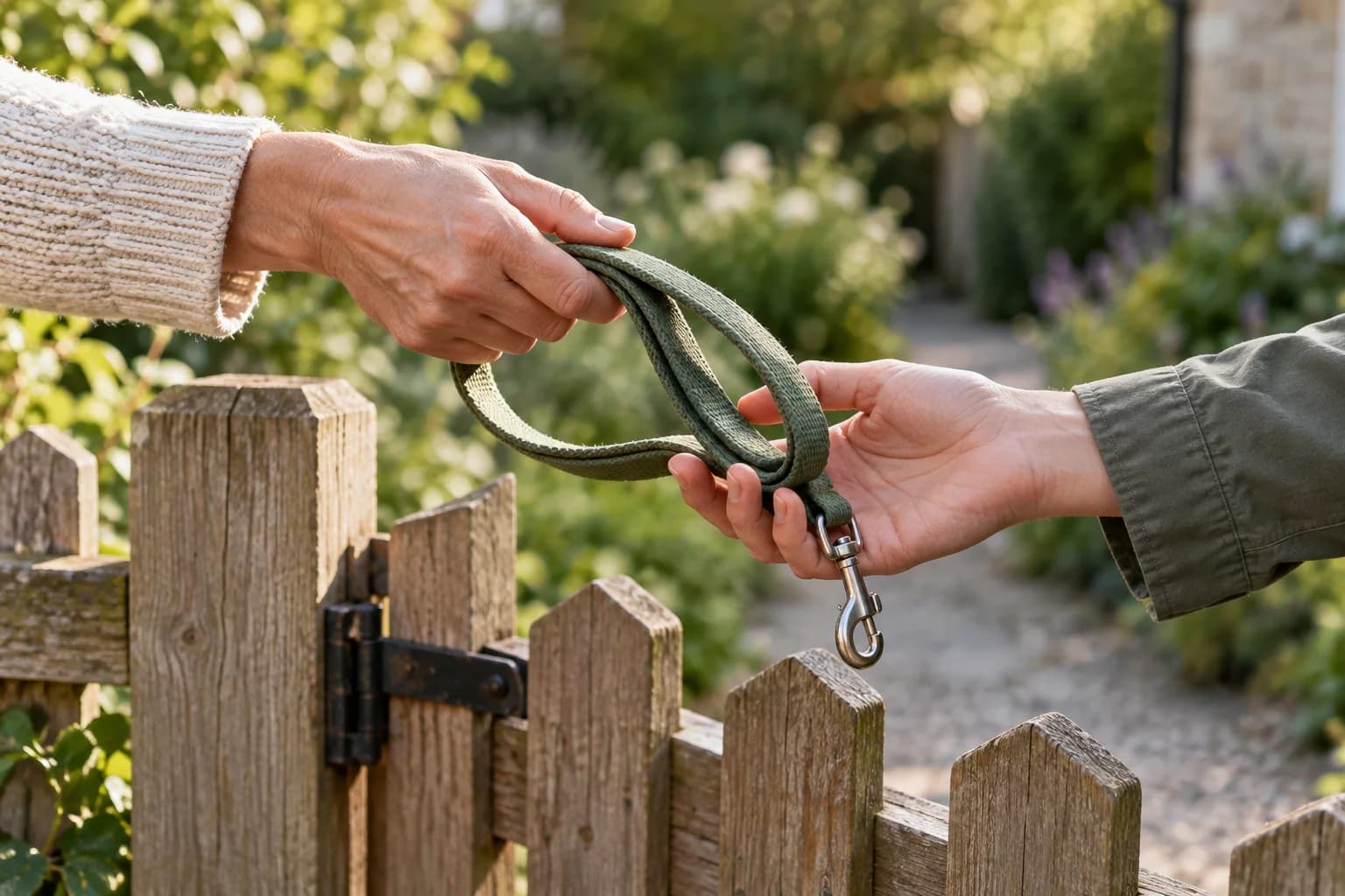 Two people's hands passing a leash at a garden gate. AI-created editorial scene.