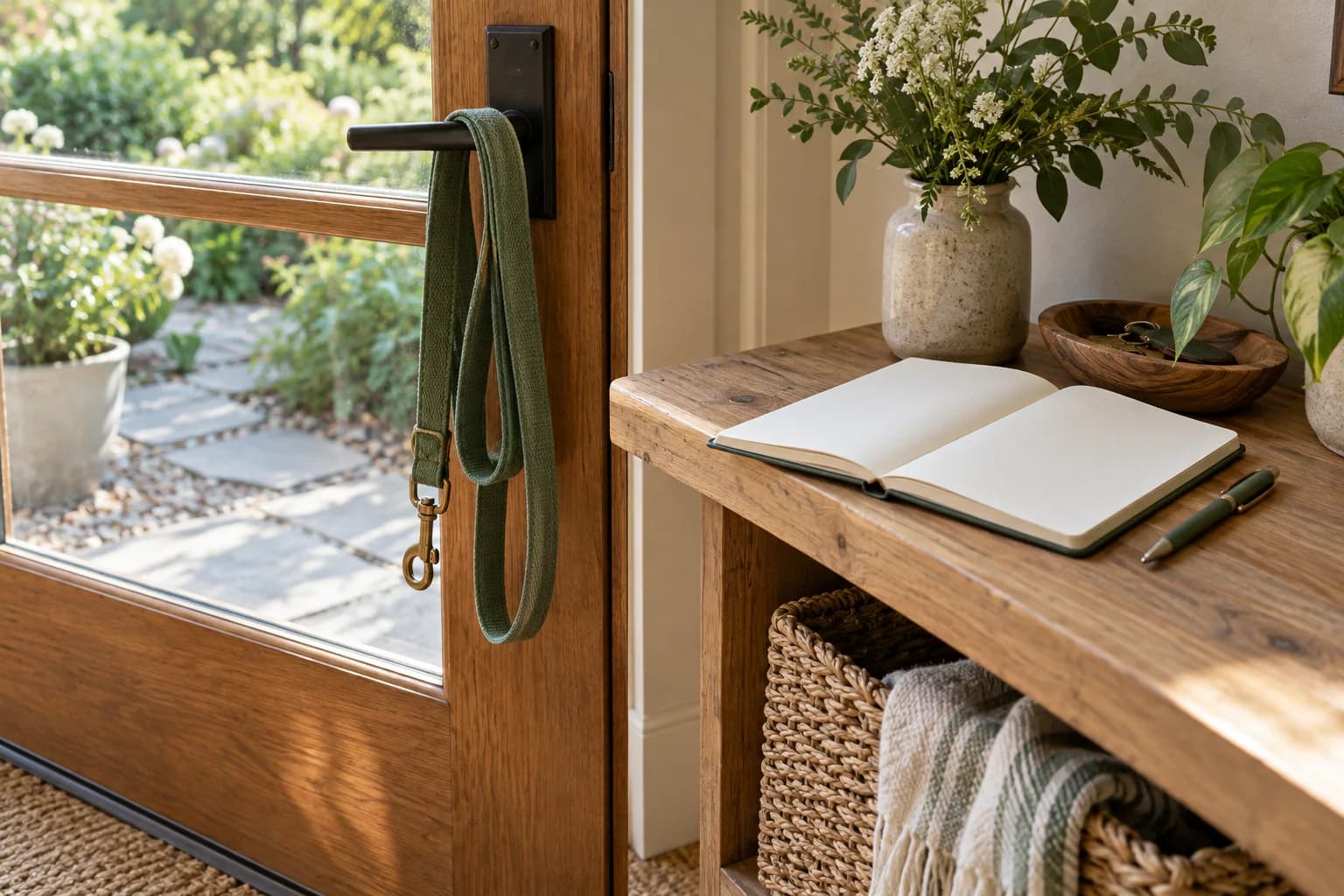 A leash, blank outing log and door handle photographed close up. AI-created editorial scene.