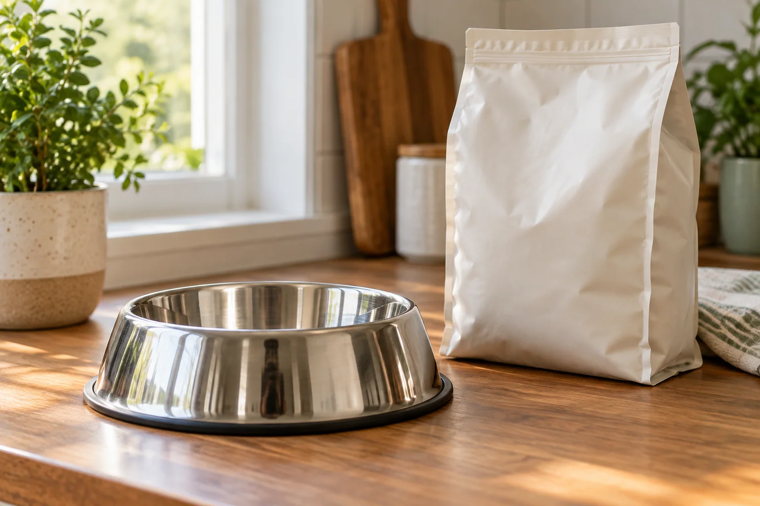 Soft window light reflected on an empty clean stainless-steel bowl beside closed food packaging. AI-created editorial scene.