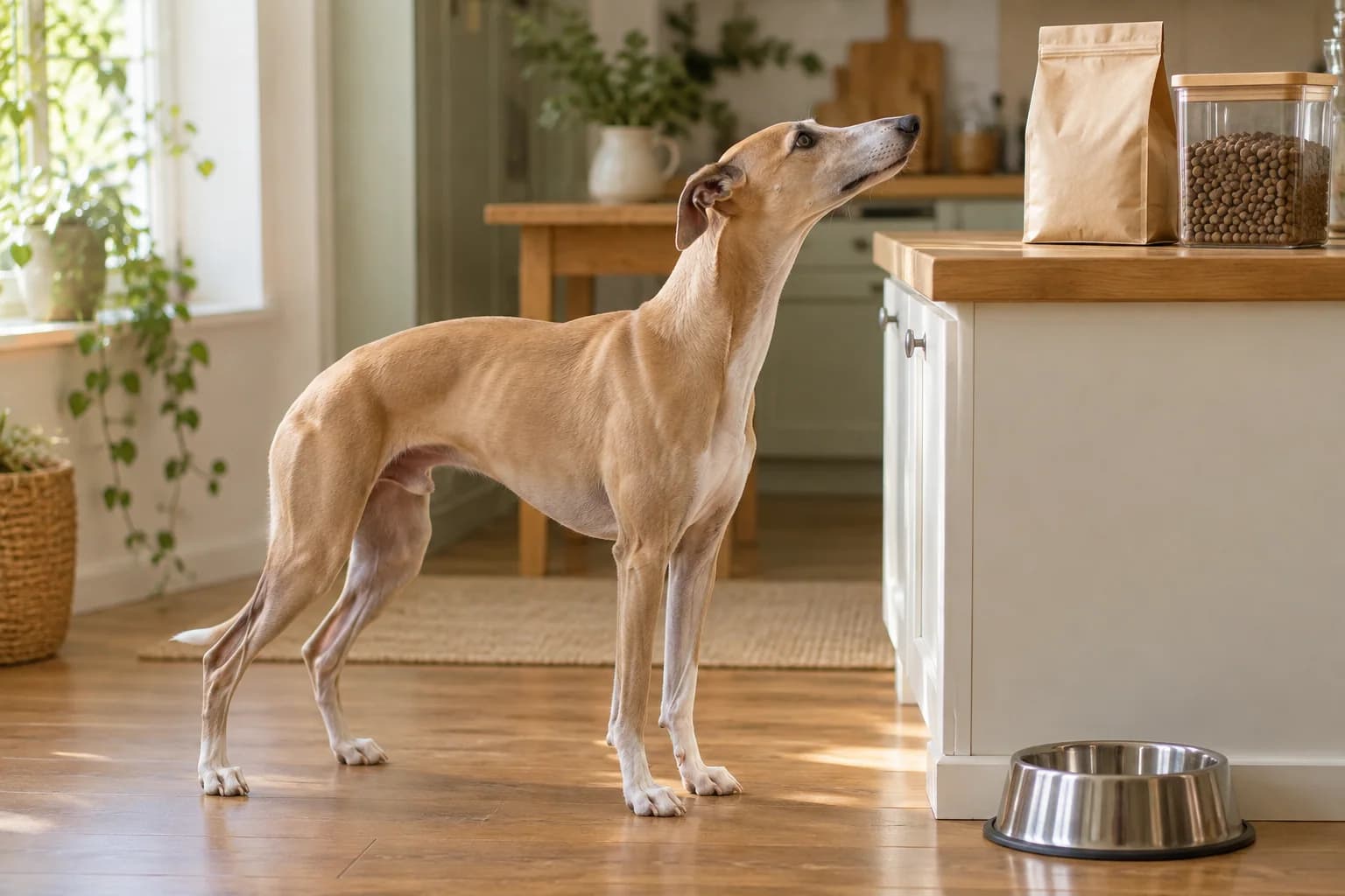 A tan whippet near a closed food bag and a reflective clean bowl in a sunlit kitchen. AI-created editorial scene.