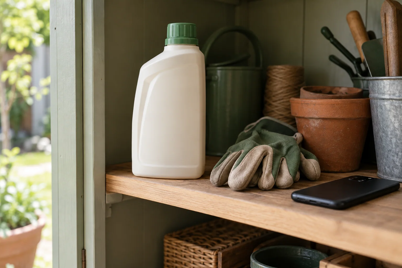 A closed unmarked garden container on a high shelf beside a phone, with no animal present. AI-created editorial scene.