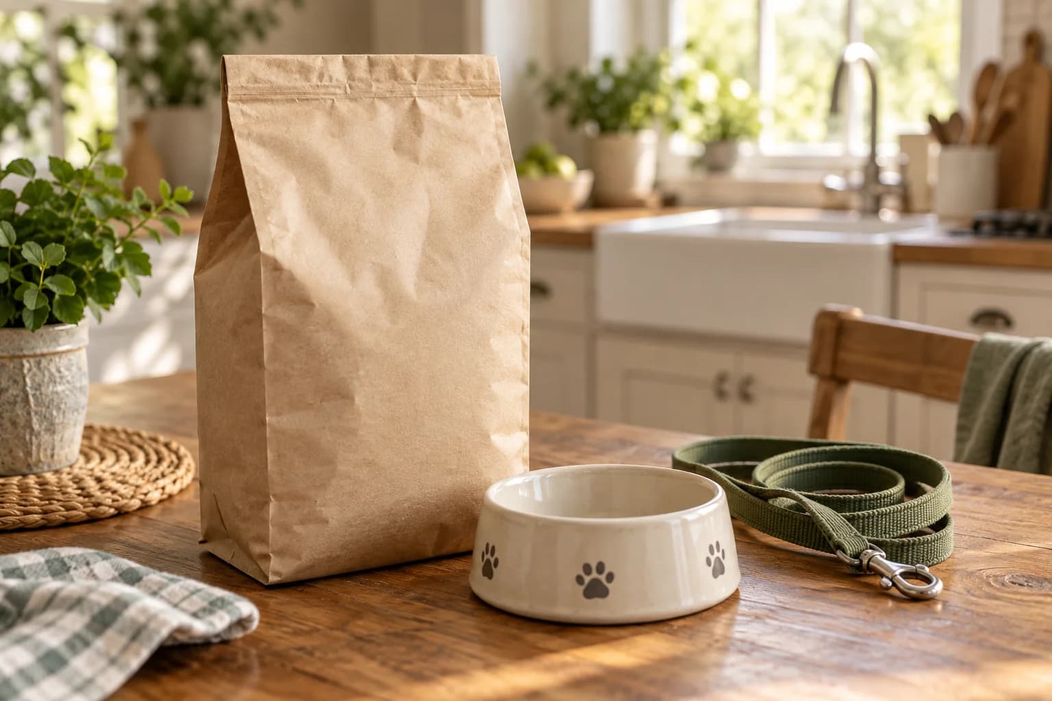 A closed food bag, a pet bowl and a leash on a wooden surface. AI-created editorial scene.