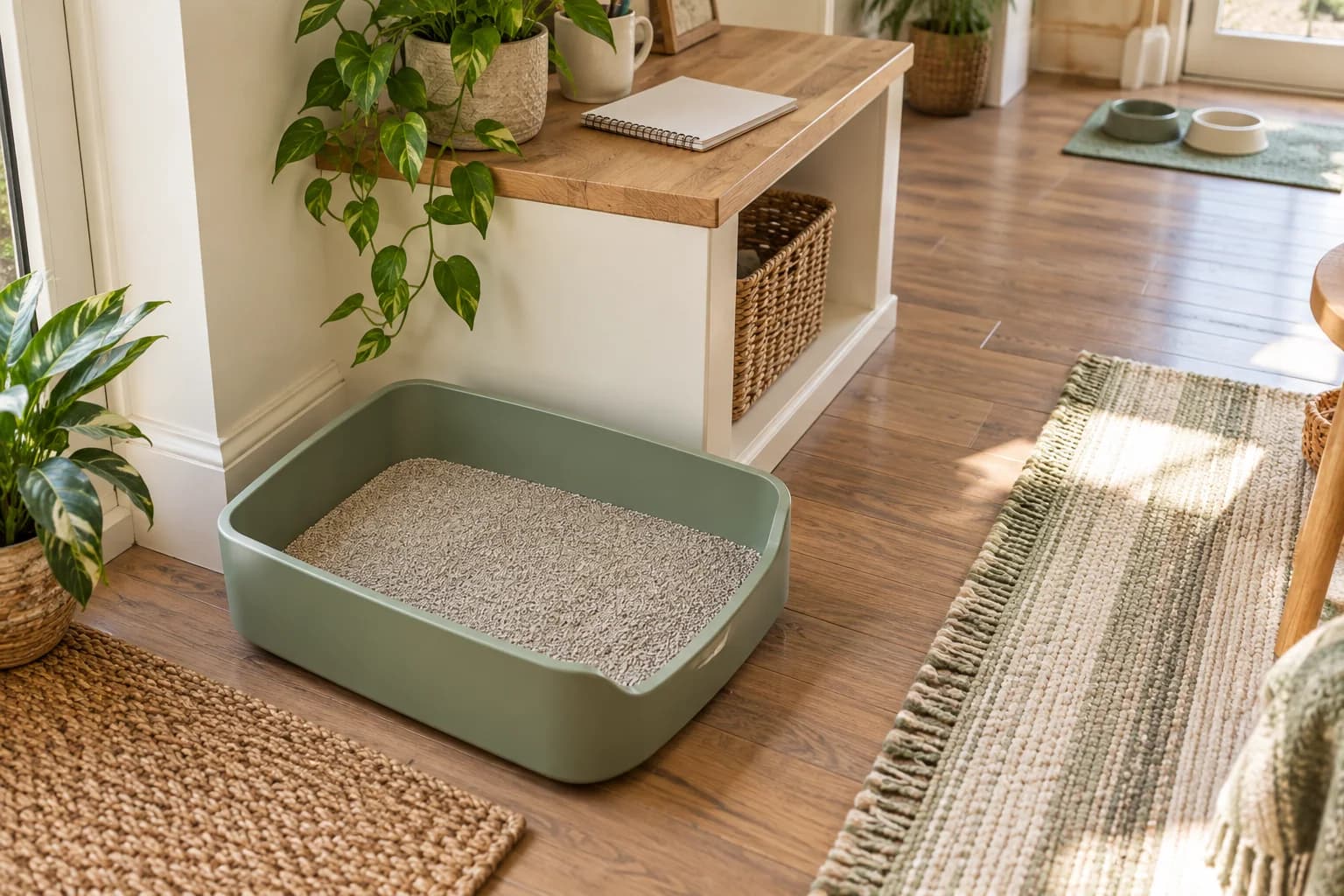 A clean litter tray, a blank notebook and separate pet bowls in a household space. AI-created editorial scene.