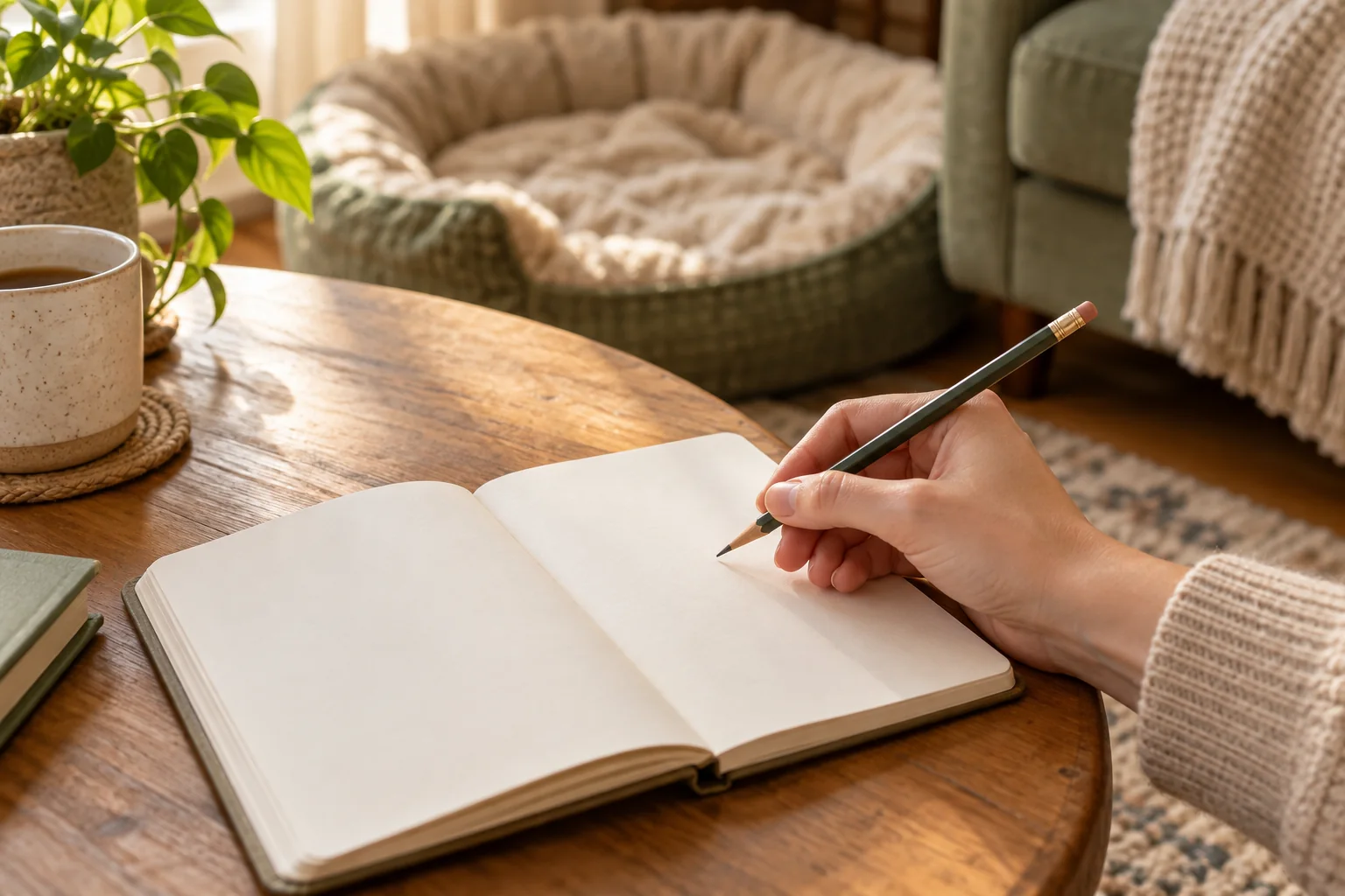 A blank observation notebook beside a familiar dog bed. AI-created editorial scene.