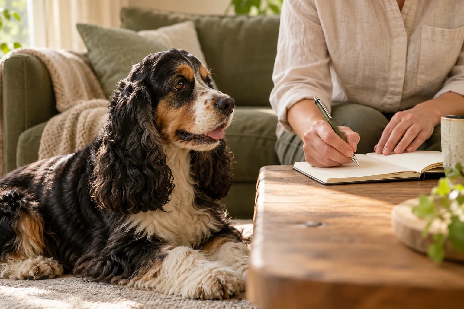 A tricolor spaniel beside a caregiver's observation notebook in a calm living room. AI-created editorial scene.