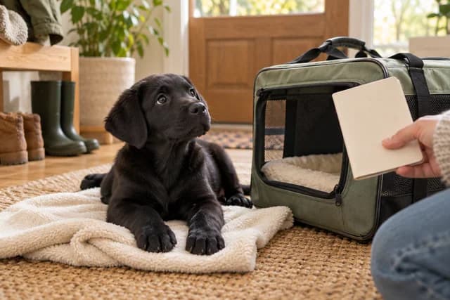 A young black Labrador puppy beside a carrier, blanket and a closed record booklet. AI-created editorial scene.