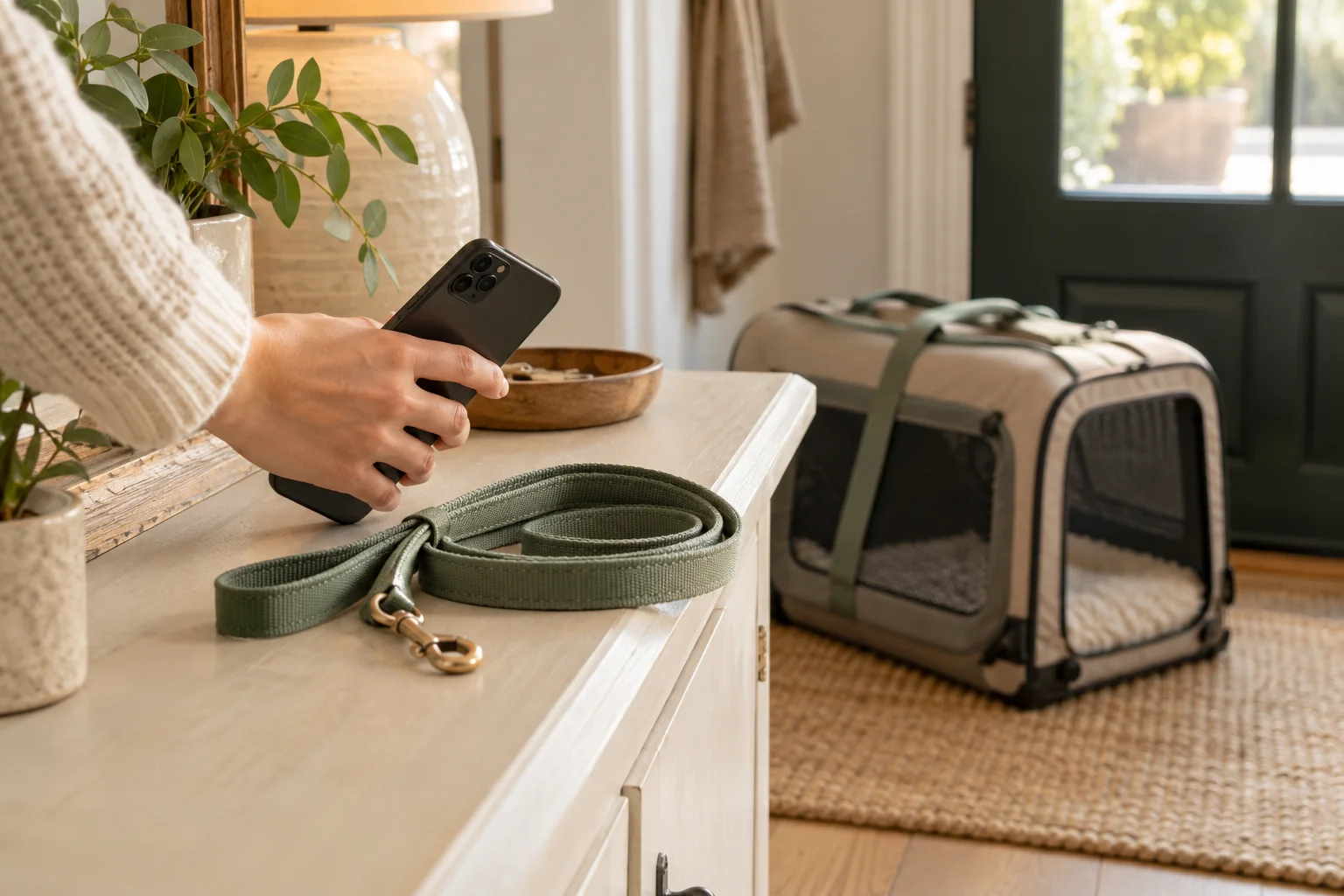 A hand holding a phone beside a leash and pet travel supplies. AI-created editorial scene.
