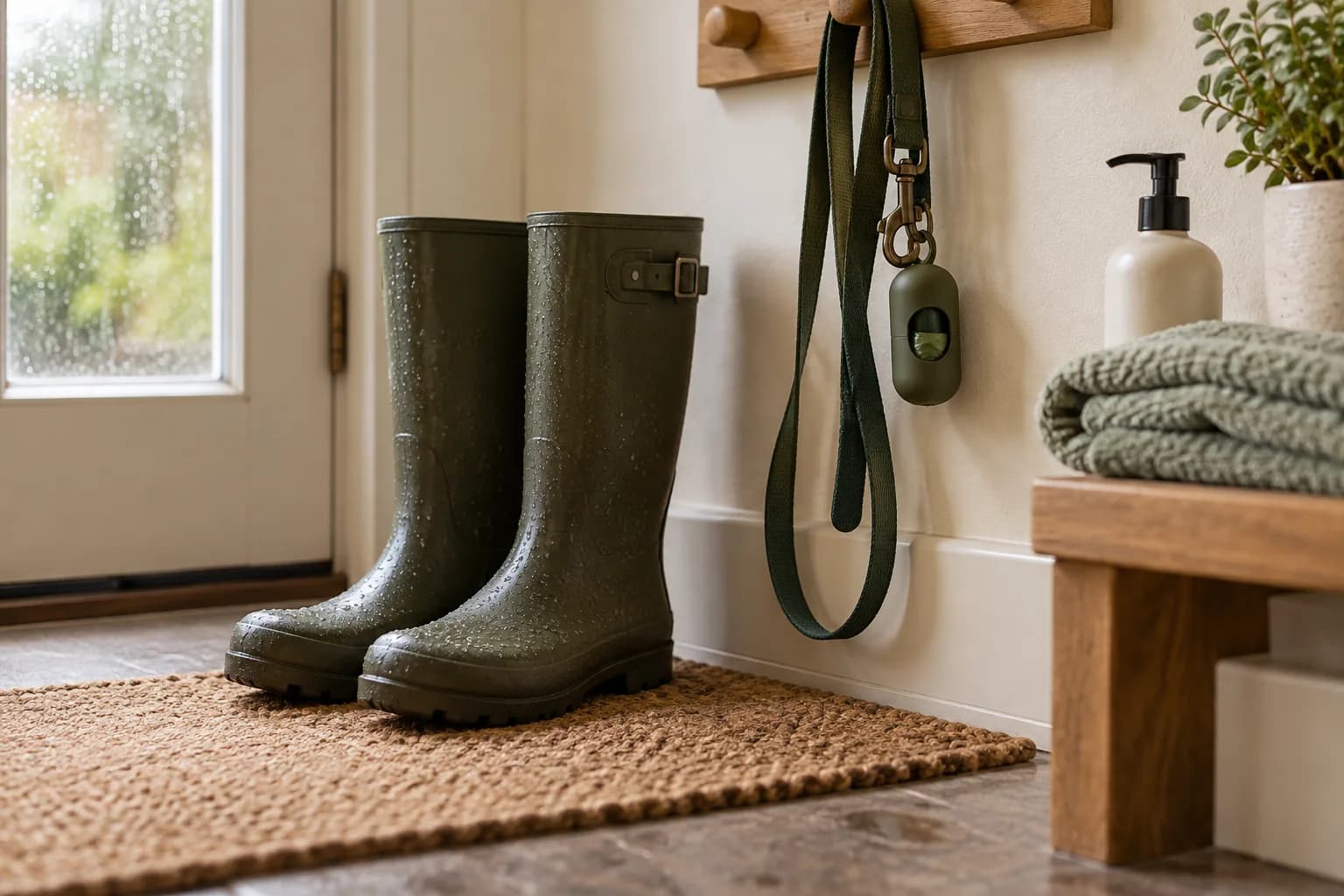 Walking shoes, a leash and cleanup supplies beside an entrance. AI-created editorial scene.