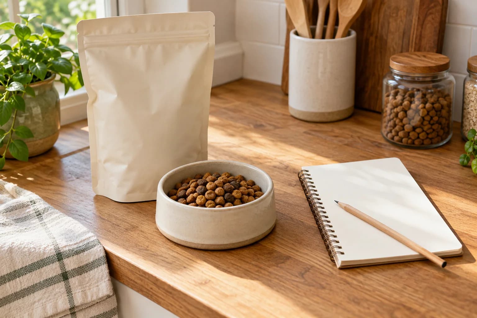Unbranded food packaging, a portion of dry kibble and a blank meal notebook on a counter. AI-created editorial scene.