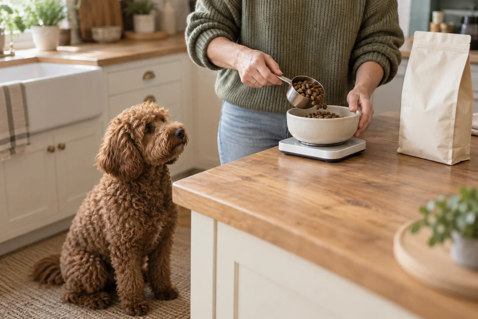 A brown poodle near a kitchen counter where dry food is being measured. AI-created editorial scene.