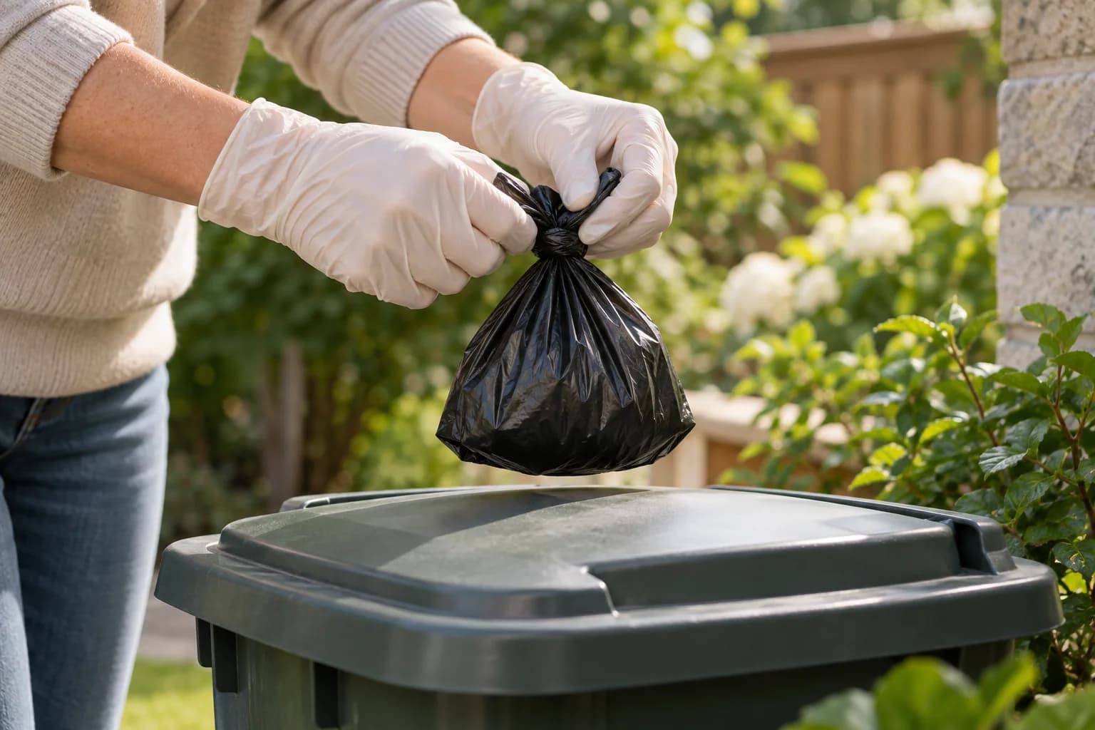 A gloved hand tying an opaque cleanup bag beside a closed outdoor waste bin. AI-created editorial scene.