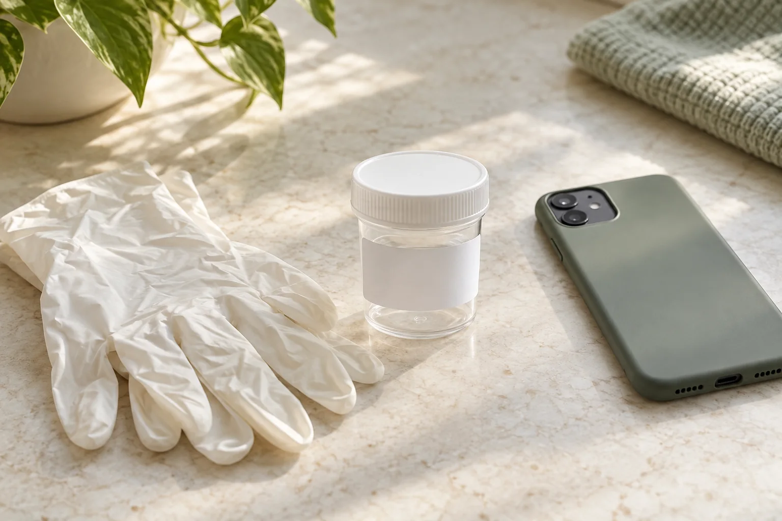 An empty sealed container, gloves and a phone on a clean table. AI-created editorial scene.