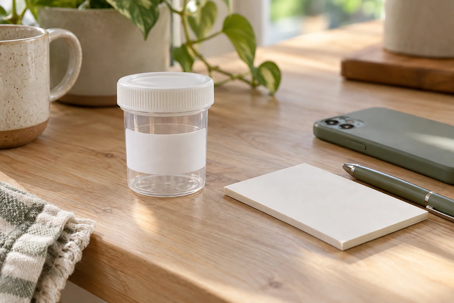 An empty sealed container, a blank note and a phone face down on a clean counter. AI-created editorial scene.