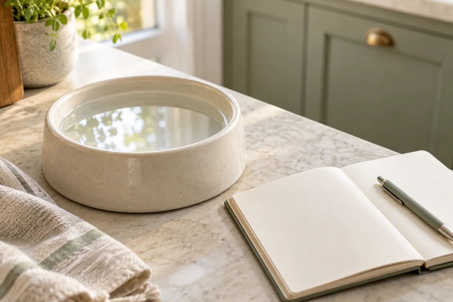 A water bowl and a blank meal notebook in a home feeding area. AI-created editorial scene.