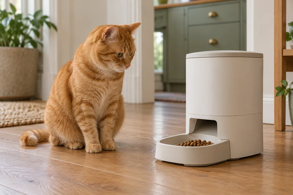 AI-generated editorial scene: A ginger cat beside a plain automatic feeder in a quiet kitchen. Not a tested product or patient case.