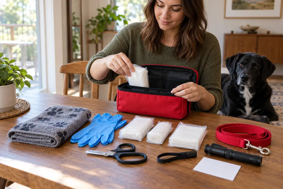 AI-generated editorial scene: An owner organizes plain first-aid supplies and pet records into an open kit. Not a tested product or patient case.