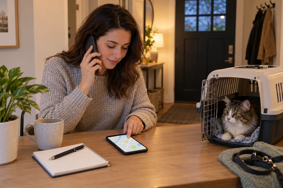 AI-generated editorial scene: A pet owner reviews two route options on a phone beside a secured carrier and leash. Not a tested product or patient case.