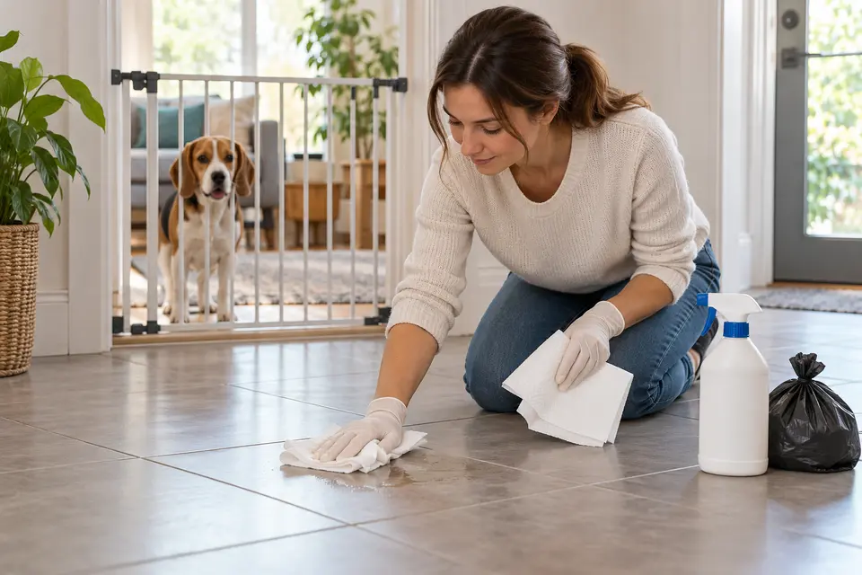 AI-generated editorial scene: A gloved owner cleans a contained hard-floor area while a beagle waits behind a secure gate. Not a tested product or patient case.