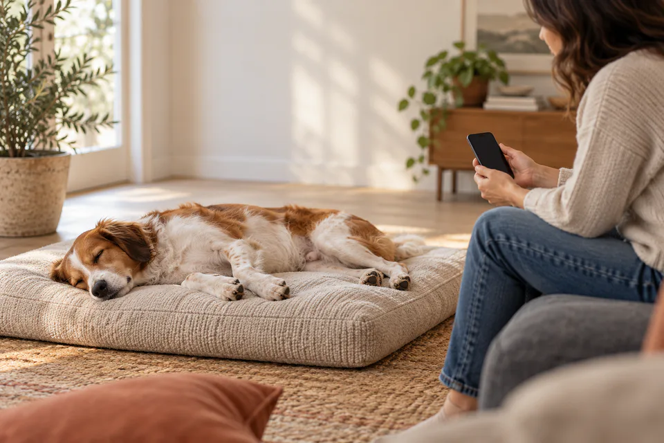 AI-generated editorial scene: An owner observes a sleeping dog from a respectful distance with a phone timer. Not a tested product or patient case.